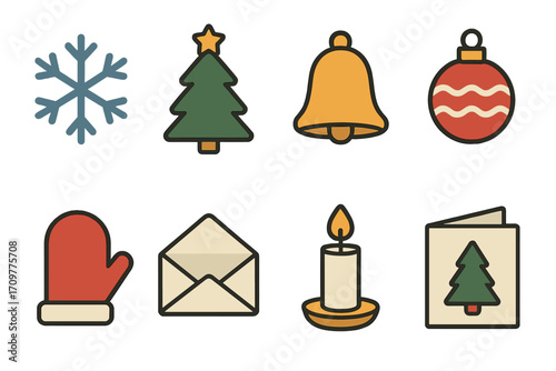 Christmas flat icon set. featuring snowflake, tree, bell, ornament, mitten, envelope, candle, card