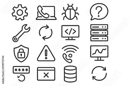 Technology linear icon set. featuring gear, phone, bug, question, wrench, refresh, code, server, security, alert