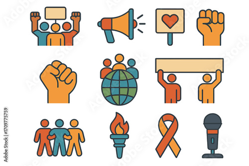 Activism flat icon set. featuring protest, megaphone, love, fist, unity, globe, banner, group, torch, ribbon, microphone symbols