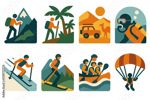 Adventure flat icon set. featuring hiking, camping, safari, scuba diving, skiing, kayaking, rafting, parachuting