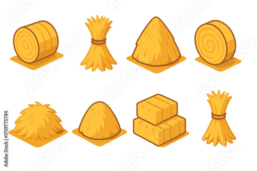 Farm elements flat icon set. featuring hay bale, sheaf, haystack, straw bale, and block symbols