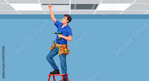 Handyman service repairing ceiling with electric drill for residential maintenance. Handyman service includes worker using drill on ceiling, standing on stepladder, wearing tool belt.
