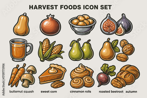 Harvest foods flat icon set. featuring squash, pomegranate, bowl, figs, tea, corn, pears, mushrooms.