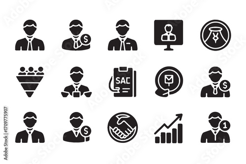 Business icons set with people money and graph vector