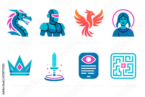 Futuristic elements neon silhouette icon set. cyber dragon, robotic hero, neon phoenix, futuristic, hologram sword