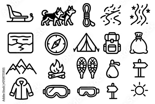 Winter adventure linear icon set. featuring sled, husky, rope, ski trail, snowflakes, landscape, compass, tent, backpack