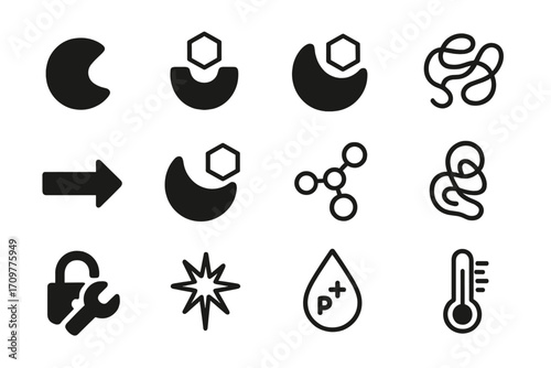 Science and security silhouette icon set. featuring molecule, lock, wrench, star, droplet, and thermometer symbols