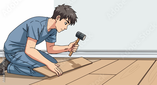 Laying flooring with precision, laying flooring to improve living space with hammer. Home improvement involves laying flooring to transform interior, handyman laying flooring with focus.