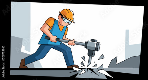 Construction worker operating jackhammer on construction site, wearing safety gear. Construction worker carefully uses jackhammer to break concrete, ensuring precision and safety.