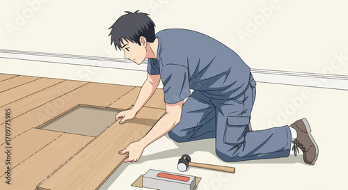 Young man laying flooring. Laying flooring in empty room by craftsman kneeling down to install panels precisely, home improvement and maintenance are key. Laying flooring can improve homes appeal,