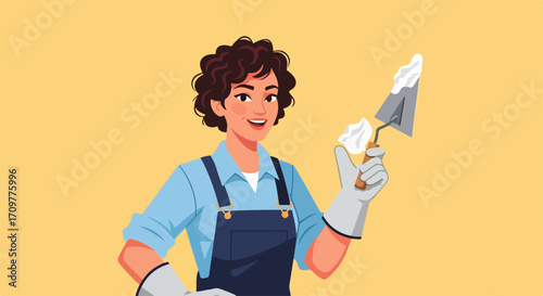 Woman builder with trowel showcasing construction trade work, worker wearing gloves holds construction tool. Construction trade work for construction site shows skilled worker.