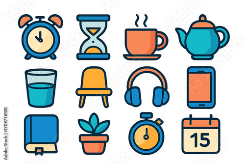 Home and office colored icon set. featuring clock, hourglass, coffee, teapot, glass, chair, headphones