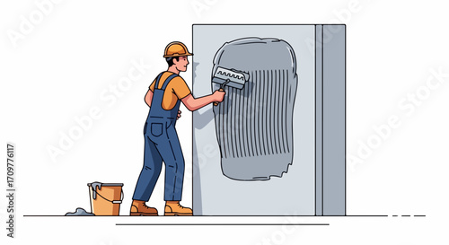 Worker applying plaster, smoothing plaster on surface with roller, providing plaster job with uniform layer. Plaster application is essential for wall finishing, ensuring surface is smooth and ready.