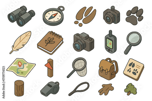 Outdoor adventure flat icon set. featuring binoculars, compass, wildlife tracking, camera, and backpack symbols