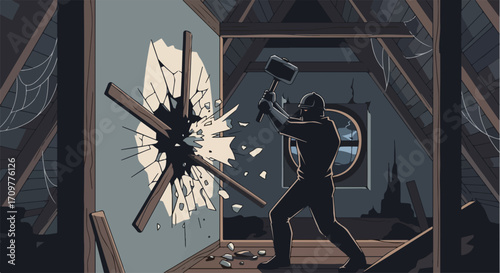 Breaking wall concept. Breaking wall requires great force and demolition with sledgehammer. Breaking wall shows overcoming obstacles, escaping confinement and demolishing barriers with strong will.