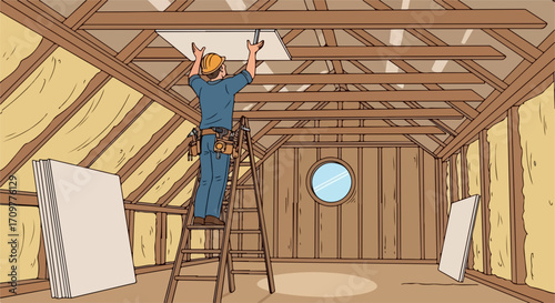 Attic insulation installation with repairman on ladder installing insulation in attic. Installation of attic insulation helps keep building warm and insulated in cold weather.