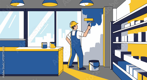 Painting service illustration in bright interior with repairman painting wall with blue color in modern room. Painting service includes painter at work using roller on interior wall,