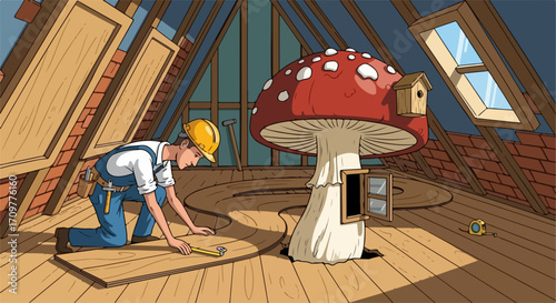 Attics renovation with large mushroom house on wooden floor, carpenter installing a new floor, showing the attics renovation project. During attics renovation,