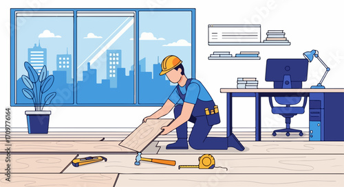 Man installing floor laying process with wood planks and tools in office space. Floor laying is completed by worker wearing safety helmet and special equipment in workspace, near table and window.