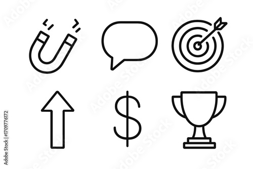 Business linear icon set. featuring magnet, speech bubble, target, arrow, dollar sign, and trophy symbols