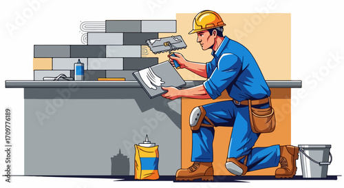 Home improvement construction featuring worker applying mortar to tile, worker applying mortar for professional finish.