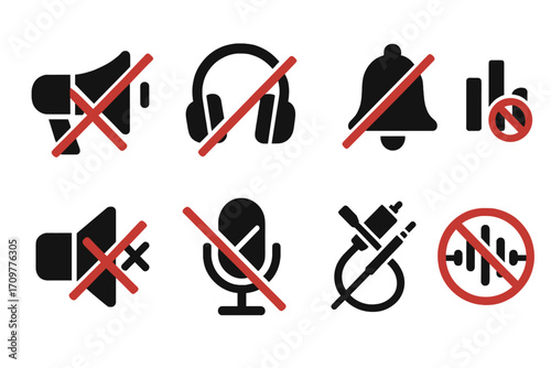 Sound and notification silhouette icons set. featuring mute, headphones, bell, volume, and microphone symbols