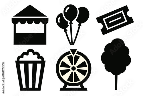 Amusement park silhouette icons set. featuring tent, balloons, ticket, popcorn, ferris wheel, and cotton candy