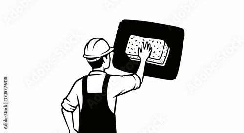 Builder cleaning wall, with worker applying sponge to surface. Cleaning wall, and smoothing plaster, shows preparation process for painting or finishing. Worker cleaning wall symbolizes renovation,
