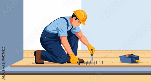 Installing laminate flooring for home renovation, skilled worker is nailing planks in new floor. Installing laminate flooring is detailed process requiring precision and care, skilled professional.