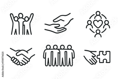 Community and support linear icons set. featuring teamwork, helping hands, group, collaboration, unity, and partnership symbols