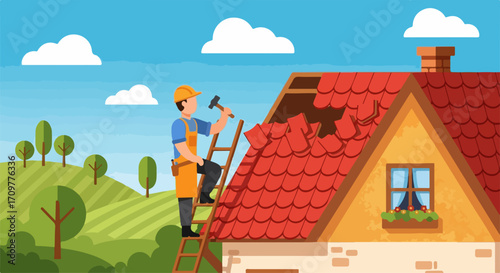 Roofer repairing roof, displaying work on house with red tiles against blue sky. Roofer fixes shingles, showing skill and precision, on roof ensuring safety.