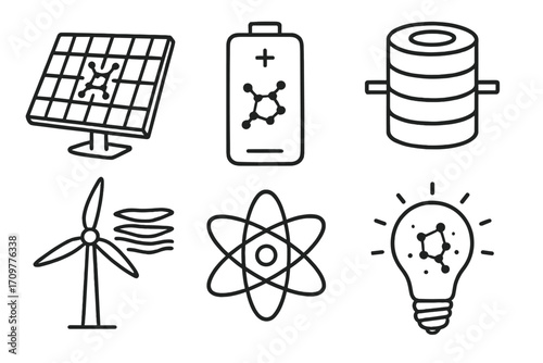 Renewable energy linear icons set. featuring solar panel, battery, wind turbine, atom, light bulb, database symbols