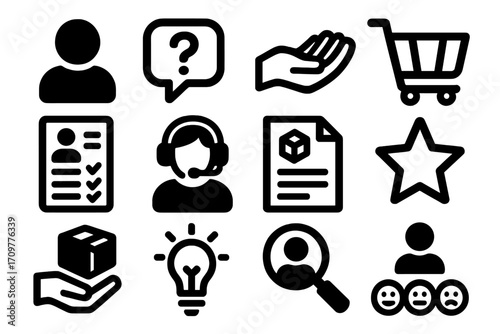 Business and customer support silhouette icons set. featuring profile, help, cart, support, review, and document symbols