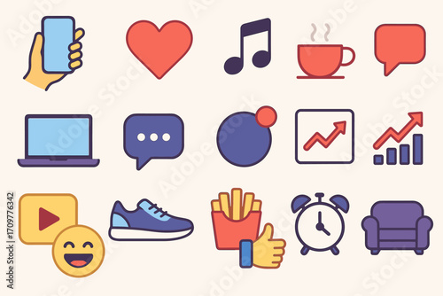 Everyday activities flat icon set. smartphone, heart, music, coffee, chat, laptop, graph, play, shoe, clock, sofa