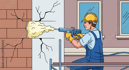 Applying construction foam to damaged brick wall, construction foam filling cracks. Man applying construction foam in building under construction, repairing house cracks.