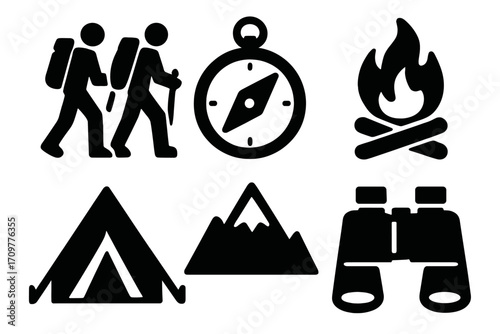 Outdoor adventure silhouette icon set. featuring hiking, compass, campfire, tent, mountain, and binoculars