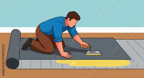Applying flooring to base, flooring material application using trowel for glue distribution. Flooring installation shows expert application of glue before final positioning.