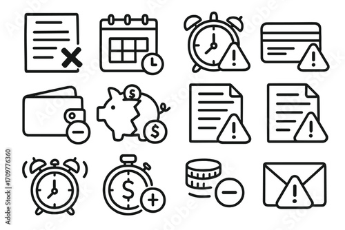 Finance and time management linear icons set. featuring document, calendar, alarm, wallet, piggy bank, and email symbols