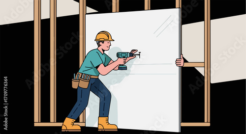 Drywall installation in construction site with carpenter installing drywall using power drill. Drywall installation process involves worker securing sheetrock to studs, drywall installation concept.