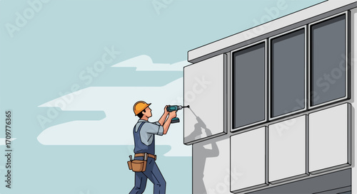 Builder installing siding panels on building exterior, ensuring weather resistance. Siding panels offer thermal insulation and protect against environmental damage. Siding panels create an attractive,
