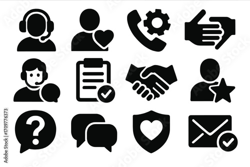 Customer service silhouette icon set. featuring support, feedback, checklist, communication, and handshake symbols