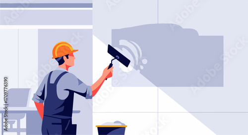 Wall painting scene with worker applying stucco to surface for repair project. Wall painting involves professional plastering and smoothing for house renovation, a construction project.