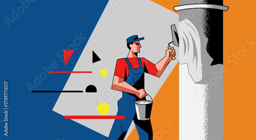 Painting wall with roller is shown in illustration, worker carefully applying paint to surface. Painting wall is careful process of coating drywall. Painting wall concept for professional services,