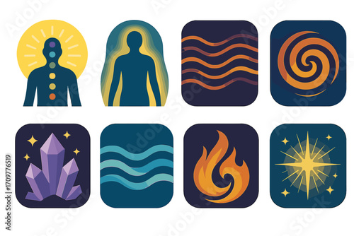Chakra and element silhouette icon set. featuring energy, aura, harmony, spiral, crystal, water, fire, star symbols