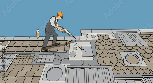 Repairing roof leak shown as contractor sealing cracks with caulk gun atop shingles, illustrating roof leak repair, providing maintenance.