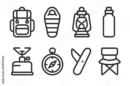 Camping gear linear icon set. featuring backpack, sleeping bag, lantern, bottle, stove, compass, knife, and chair icons