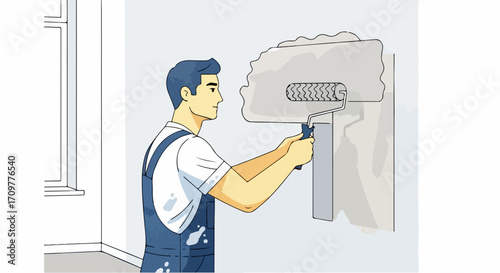 Painter at work using paint roller to paint interior wall, showcasing painting wall with steady strokes. Painter with roller applies paint uniformly for smooth finish,