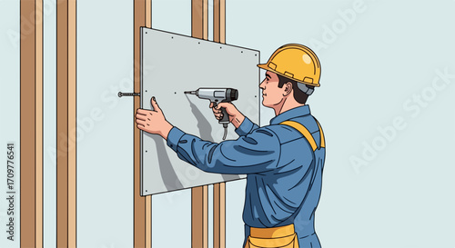 Drywall installation on interior wall by construction worker with power tool. Home drywall installation demonstrates building project and home repair.
