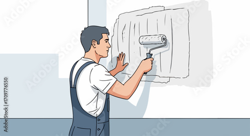 Person painting wall with paint roller in room, painting wall surface white. Painting wall project is a construction concept for home renovation, home improvement project.