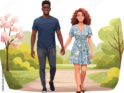 Happy couple walking together in park, romantic relationship illustration, man and woman holding hands, love, nature, spring outdoor lifestyle.